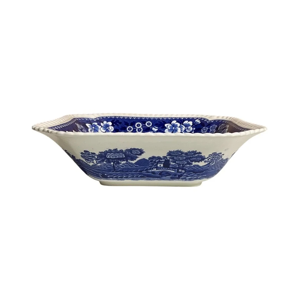 Vintage Spode‎ England Blue Tower Square Serving Bowl Cottagecore Luxury Classic